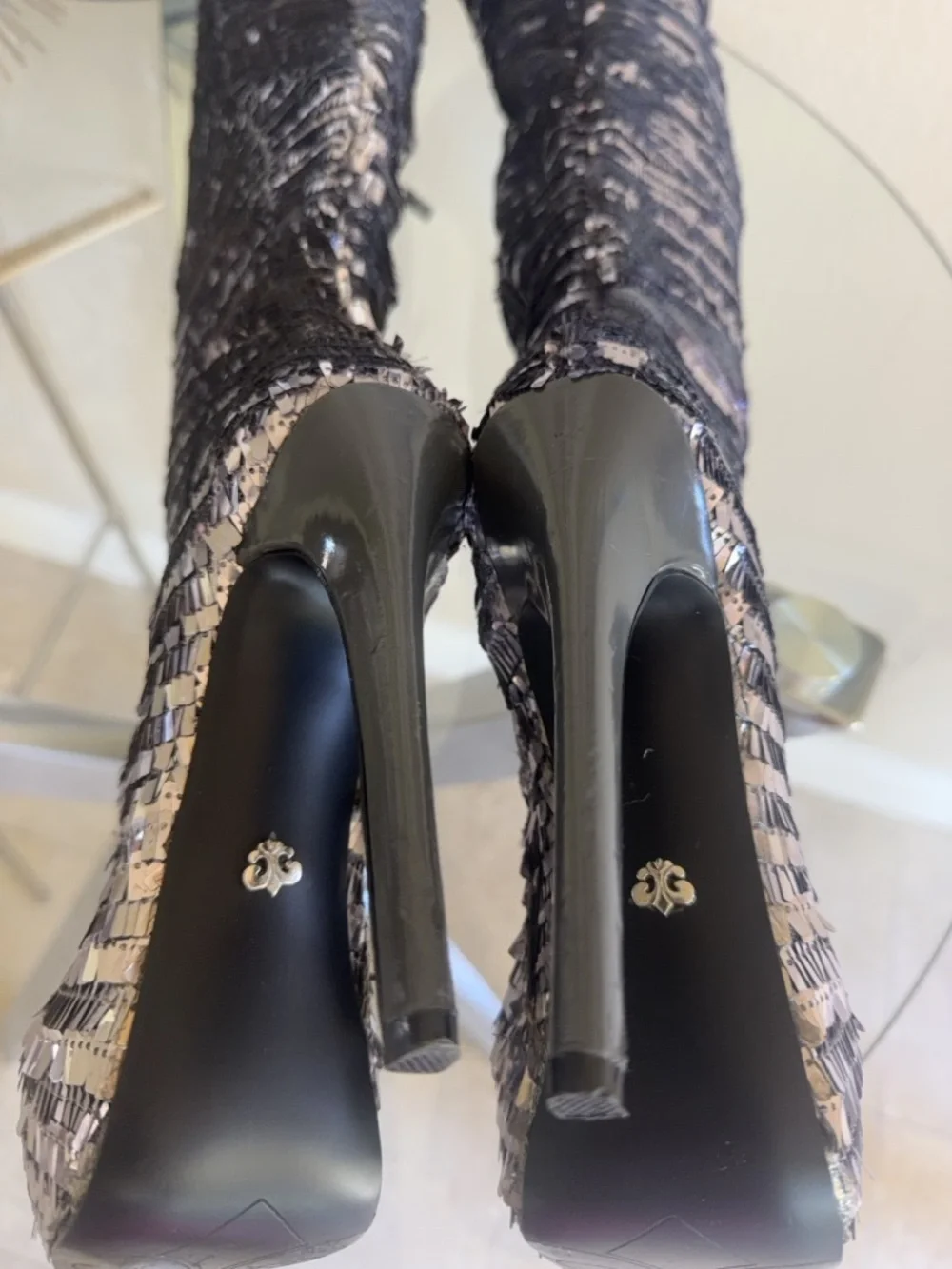 Sequin Over-the-Knee Platform Stiletto Boots - Silver
